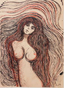 Edvard Munch (1863-1944) Mixed Media Drawing: Exceptional black ink drawing over colored chalks, figure of a woman (possibly a study for Munch's "Madonna"), attributed* to Edvard Munch (1863-1944). Signed with the artist's initials. The reverse