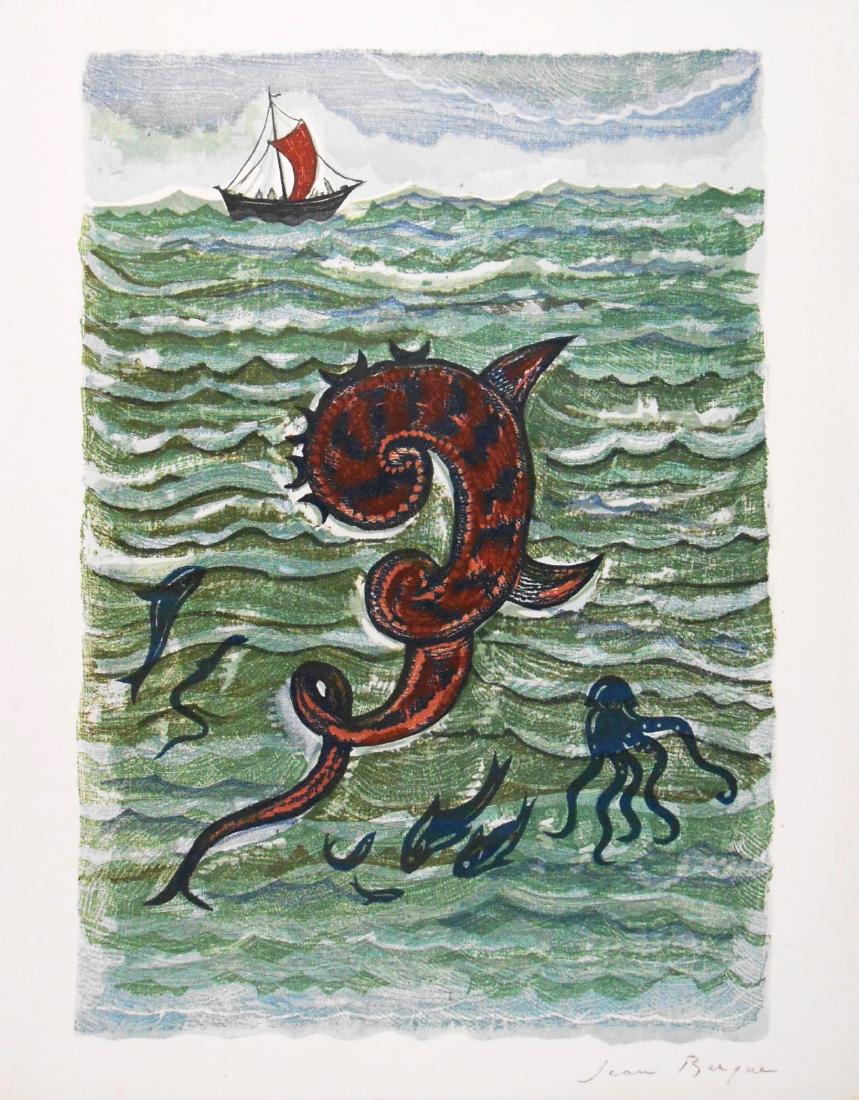 Jean Berque (1896-1954) Original Lithograph: Original lithograph by Jean Berque (1896-1954), "La Beste de l'abyme," pencil signed lower right. Excellent condition, very fresh colors. 12 5/8 x 9 3/4 inches. Unframed.