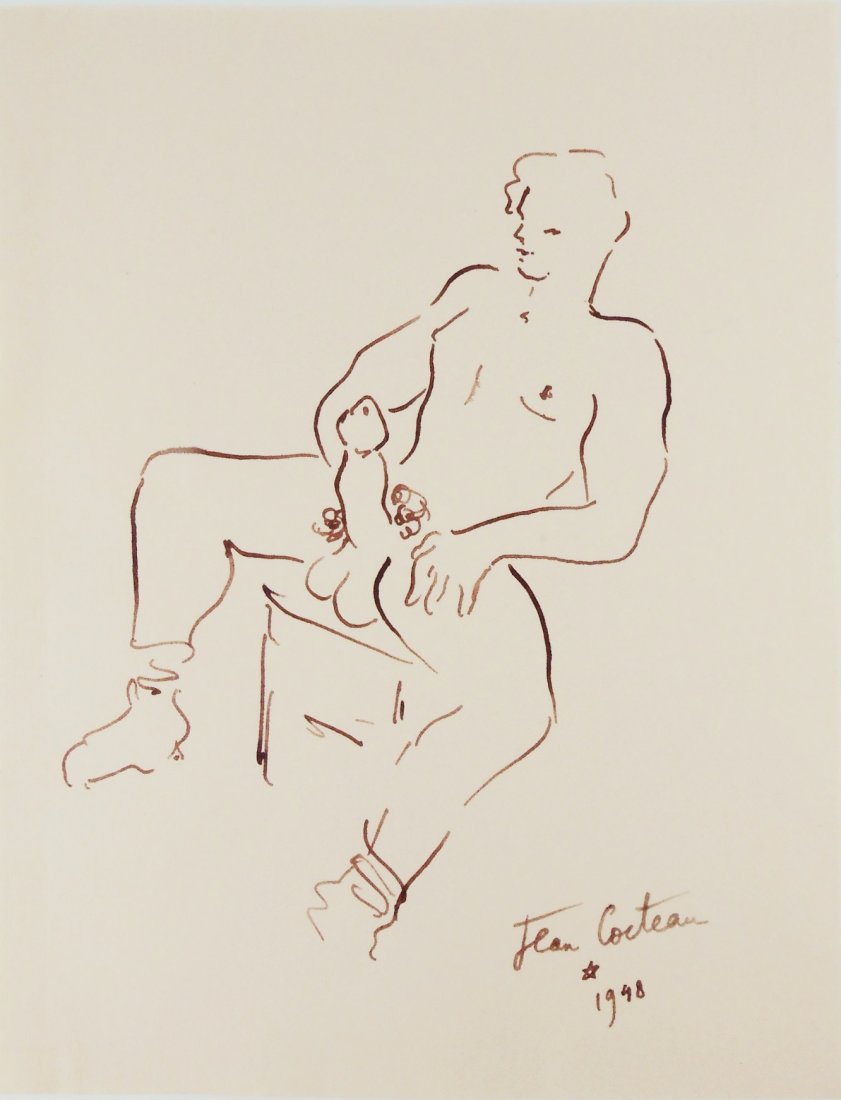 Jean Cocteau (1889-1963) Erotic Pen & Ink Drawing: Pen and brown ink erotic drawing on wove paper, seated male youth, attributed* to Jean Cocteau (1889-1963). Signed and dated 1948, lower right. 9 1/2 x 7 3/8 inches. Hinge remnants to reverse from pri