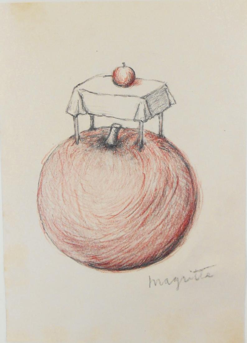 Rene Magritte (1898-1967) Graphite & Red Pencil: Graphite and red pencil drawing on fine wove paper, variation on a study for "Les Belles Realities," attributed* to Rene Magritte (1898-1967). Probably circa 1961-62. Signed. 8 1/4 x 6 inches. Very go