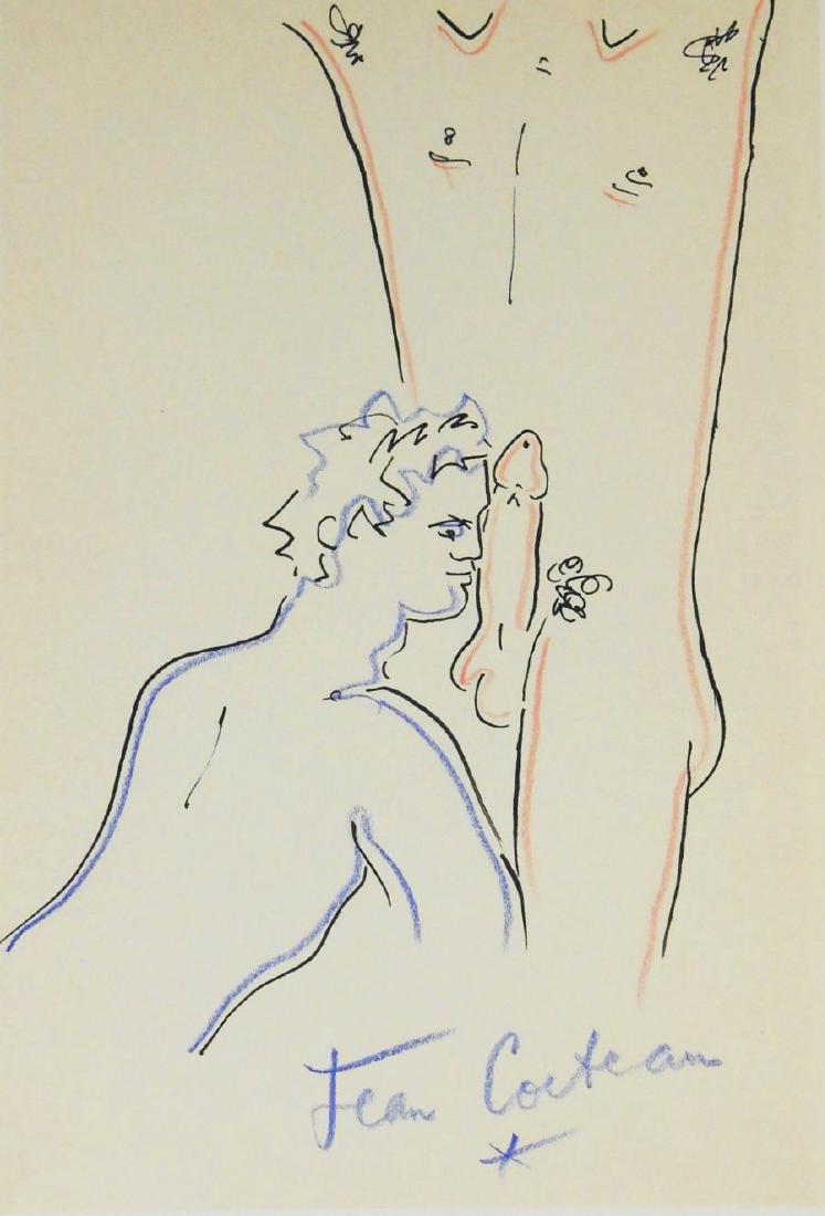 Jean Cocteau (1889-1963) Ink & Colored Pencil: Black ink and colored pencil drawing on wove paper, erotic scene with male youth, attributed* to Jean Cocteau (1889-1963). Signed. 9 1/4 x 6 1/4 inches. Very good condition. Unframed for inspection an