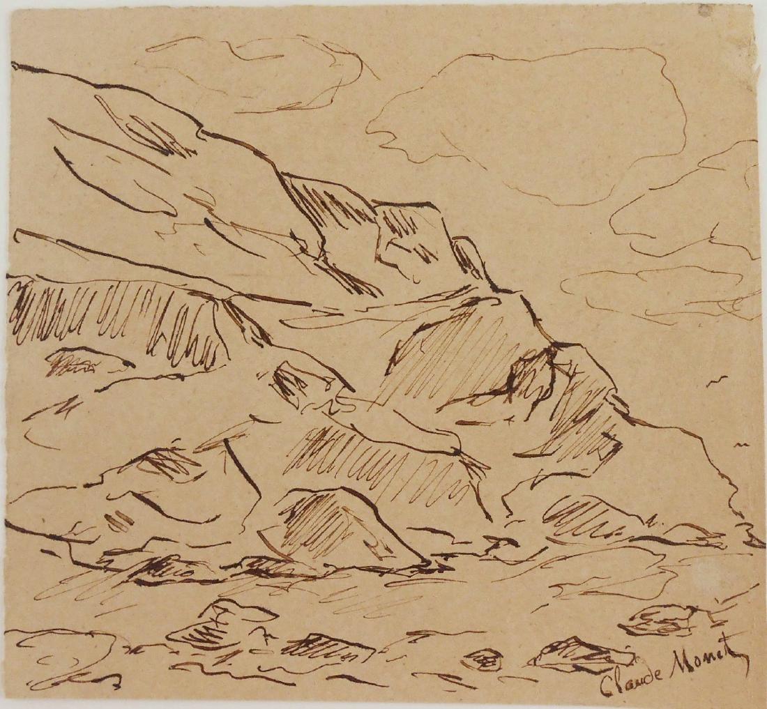 Claude Monet (1840-1926) Pen & Ink Sketch: Pen and brown ink sketch on tan drawing paper, rocky outcropping, attributed* to/in the manner of Claude Monet (1840-1926). Signed, lower right corner. 5 1/2 x 6 inches. Good condition. Unframed for i