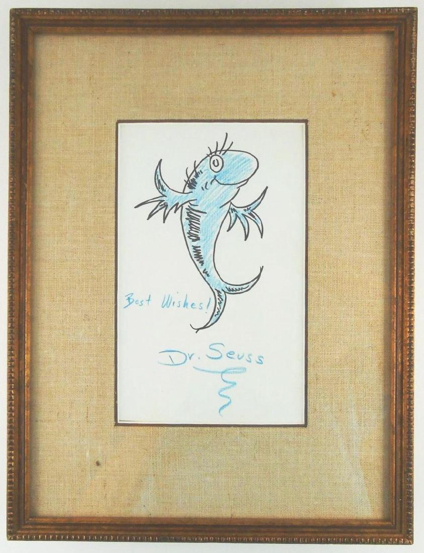 Dr. Seuss (1904-1991) Drawing: Black marker pen drawing with colored pencil, Blue Fish, attributed* to Theodor Seuss Geisel (Dr. Seuss, 1904-1991). Signed and inscribed "Best Wishes!" 8 1/2 x 5 1/2 inches. Very good condition. Fram