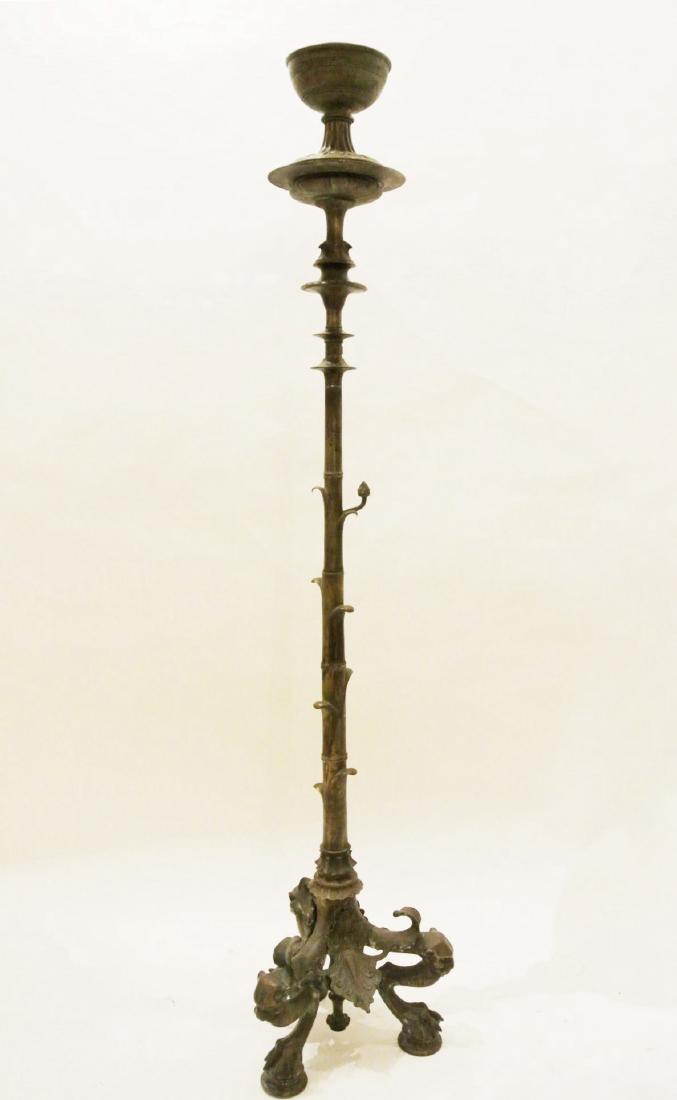 Bronze Lamp Stand, Circa 1880: Fine bronze lamp stand, French, in the manner of Ferdinand Barbedienne (1810-1892). Originally gas fitted, never electirfied. H 59 1/2 inches. Very good condition. [See Sotheby's, Paris, April 27, 201