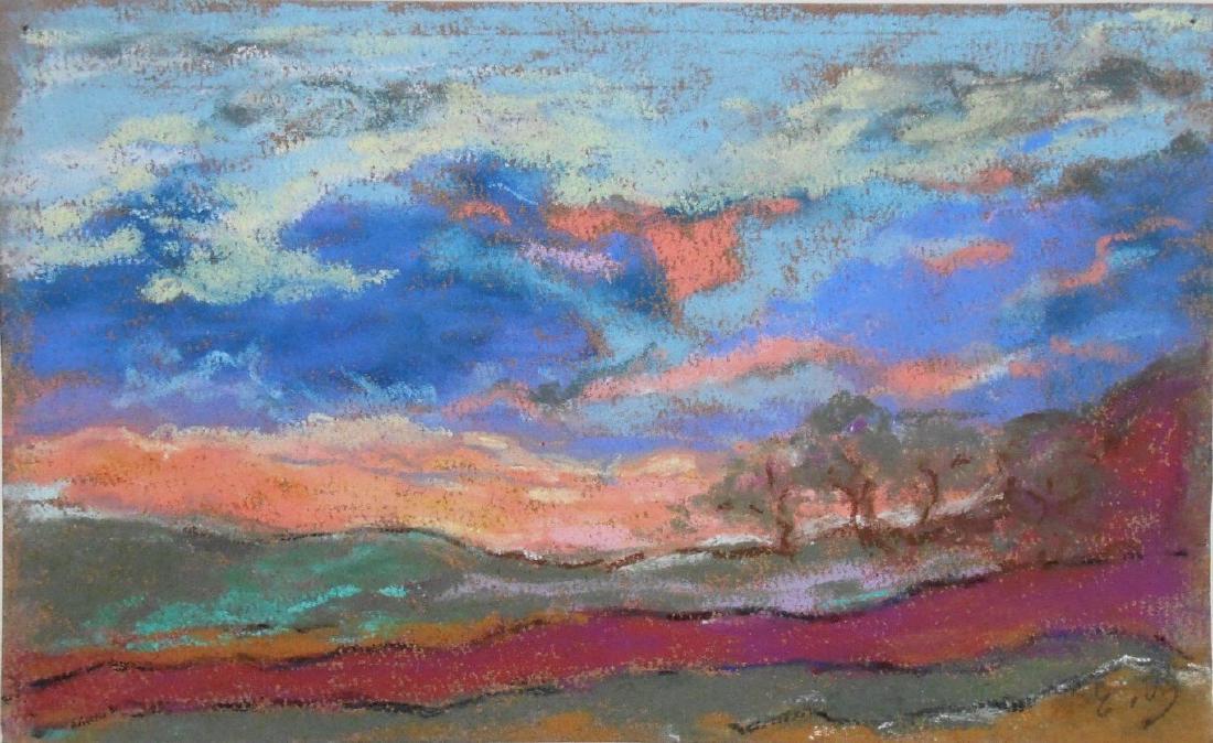 Eugene Boudin (1824-1898) Pastel: Pastel on brown drawing paper, landscape with sunset sky, attributed* to Eugene Boudin (1824-1898). Stamped with the artist's studio stamp. 5 1/4 x 8 1/2 inches. Good condition. Unframed for inspectio