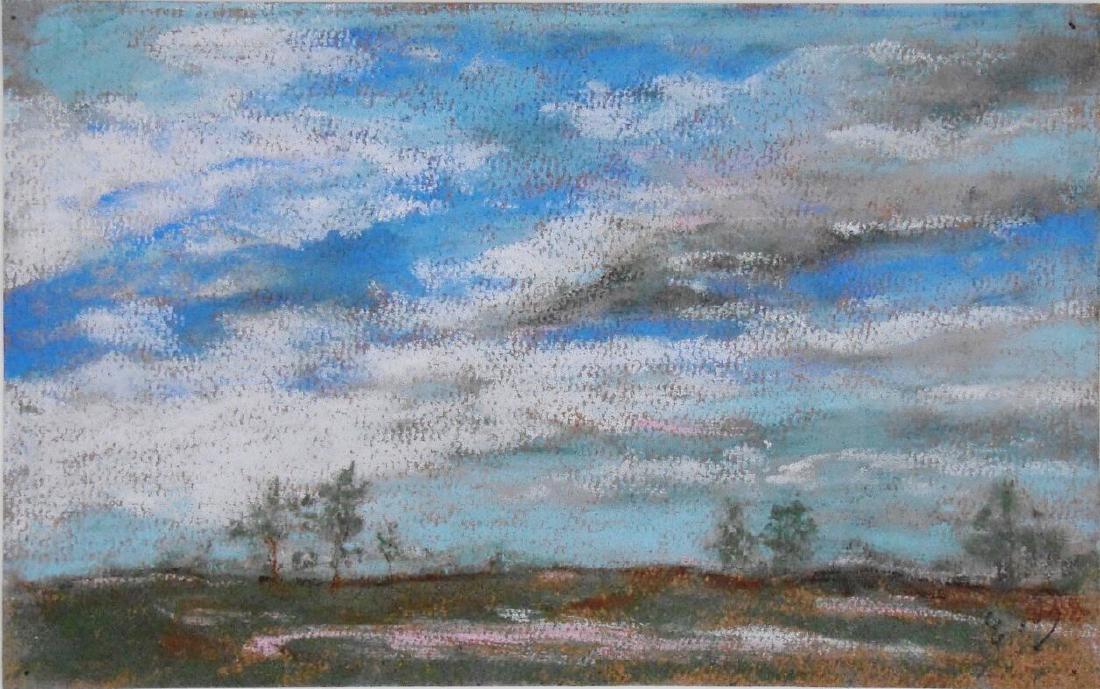 Eugene Boudin (1824-1898) Pastel: Pastel on brown drawing paper, landscape with cloudy sky, attributed* to Eugene Boudin (1824-1898). Stamped with the artist's studio stamp. 5 1/4 x 8 1/2 inches. Good condition. Unframed for inspectio