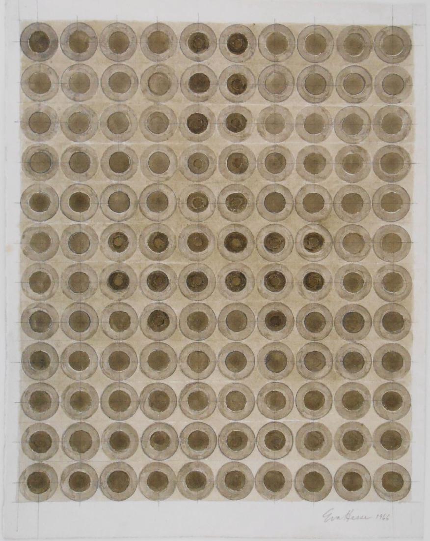 Eva Hesse (1936-1970) Ink & Pencil: Ink and wash with pencil on wove Arches paper, geometric design (untitled), attributed* to Eva Hesse (1936-1970). Signed, lower right. 13 1/2 x 10 1/2 inches. Very good condition. Unframed for inspect