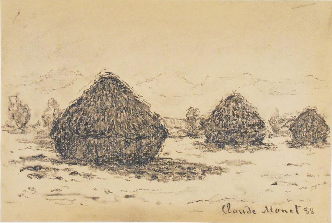 Claude Monet (1840-1926) Charcoal: Charcoal on tan drawing paper, field with grain stacks, attributed* to/in the manner of Claude Monet (1840-1926). Signed. 6 1/4 x 9 3/8 inches. Very good condition overall. Unframed for inspection and