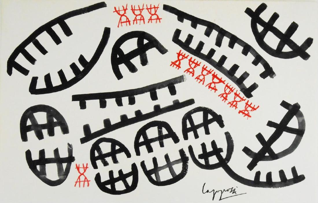Giuseppe Capogrossi (1900-1972) Gouache: Gouache on heavy watercolor paper, untitled black and red abstract, attributed to Giuseppe Capogrossi (1900-1972). Signed. 10 1/4 x 15 7/8 inches. Very good condition; hinge remnants on verso from pre