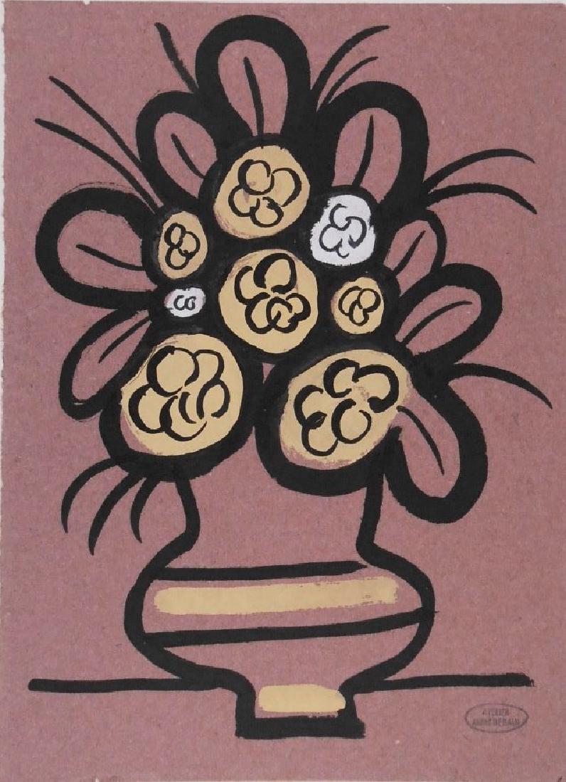Andre Derain (1880-1954) Gouache: Gouache and black ink on mauve-colored paper mounted to illustration board, vase with flowers, attributed* to Andre Derain (1880-1954). Artist's estate (studio) stamp. Undated, circa 1940-50. Approxim