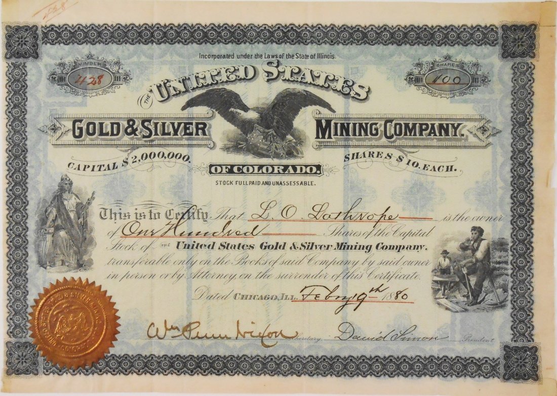 1880 Mining Sock Certificate: The United States Gold & Silver Mining Company of Colorado, stock certificate for 100 shares, dated February 19, 1880.