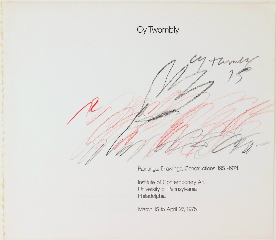 Cy Twombly (1928-2011) Souvenir Drawing: Pencil and colored pencil sketch executed on the title page of an exhibition catalog, "Paintings, Drawings, Constructions 1951-1974", attributed* to Cy Twombly (1928-2011). Signed and dated '75. 9 x 1