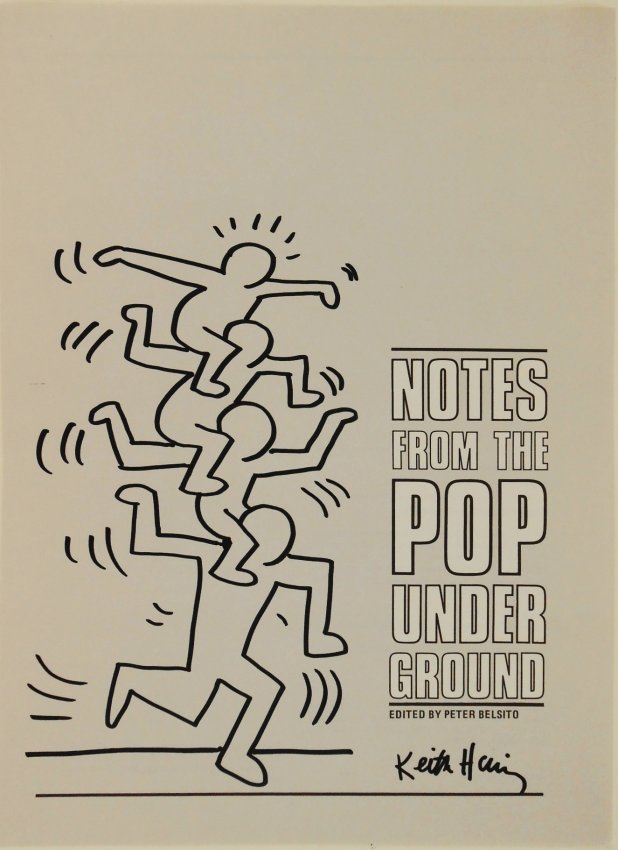 Keith Haring (1958-1990) Souvenir Drawing: Souvenir sketch, black marker pen, untitled, attributed* to Keith Haring (1958-1990). Signed, lower right. Executed on the grey-colored title page of "Notes from the Pop Under Ground," edited by Peter