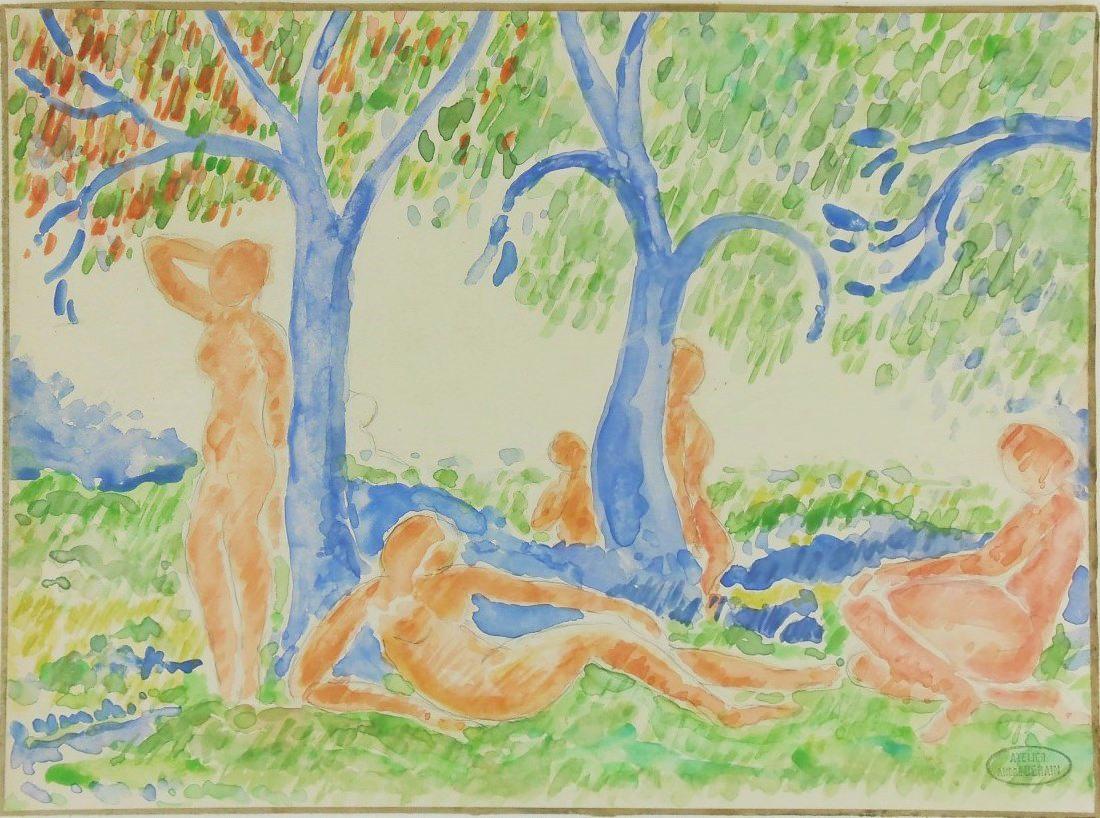 Andre Derain (1880-1954) Watercolor: Watercolor with traces of pencil laid down to board, landscape with figures, signed with the artist's estate stamp (Andre Derain*, 1880-1954). Undated, possibly circa 1905-1915. 8 1/2 x 11 5/8 inches.