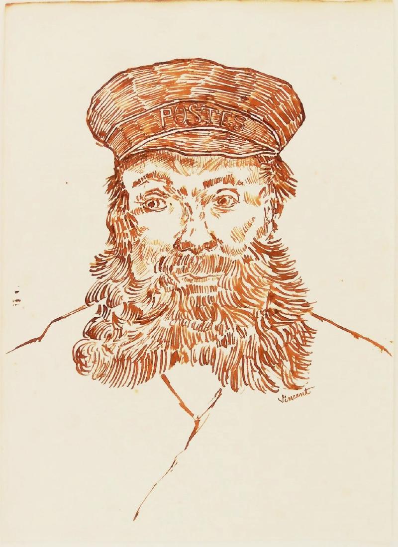 Vincent Van Gogh (1853-1890) Pen & Ink: Pen and brown ink on fine BFK Rives laid paper (with full 19th century watermark), study for portrait of Joseph Roulin, signed (Vincent van Gogh*, 1853-1890). 12 1/2 x 9 inches. Good condition. Unfram