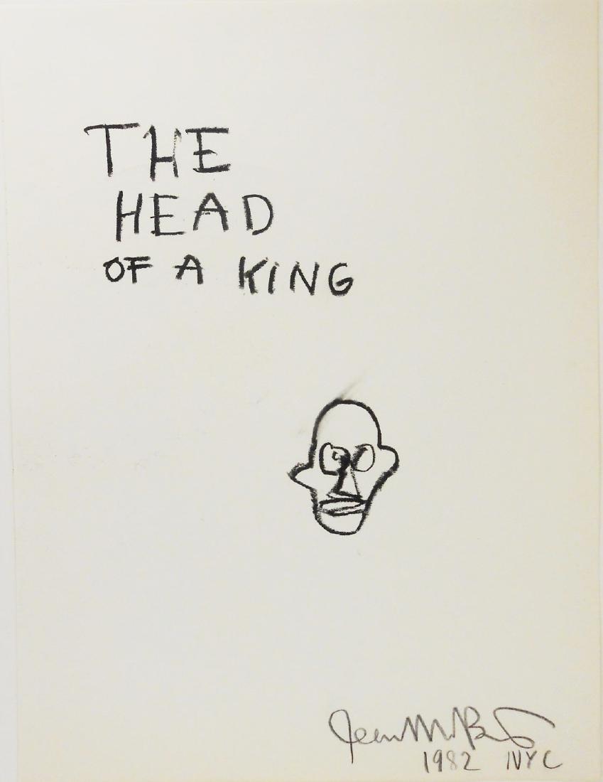 Jean-Michel Basquiat (1960-1988) Drawing: Black oil chalk on wove paper, untitled (The Head of a King), pencil signed (Jean-Michel Basquiat*, 1960-1988) and dated 1982. 14 5/8 x 11 inches. Very good condition. Unframed for inspection and ship
