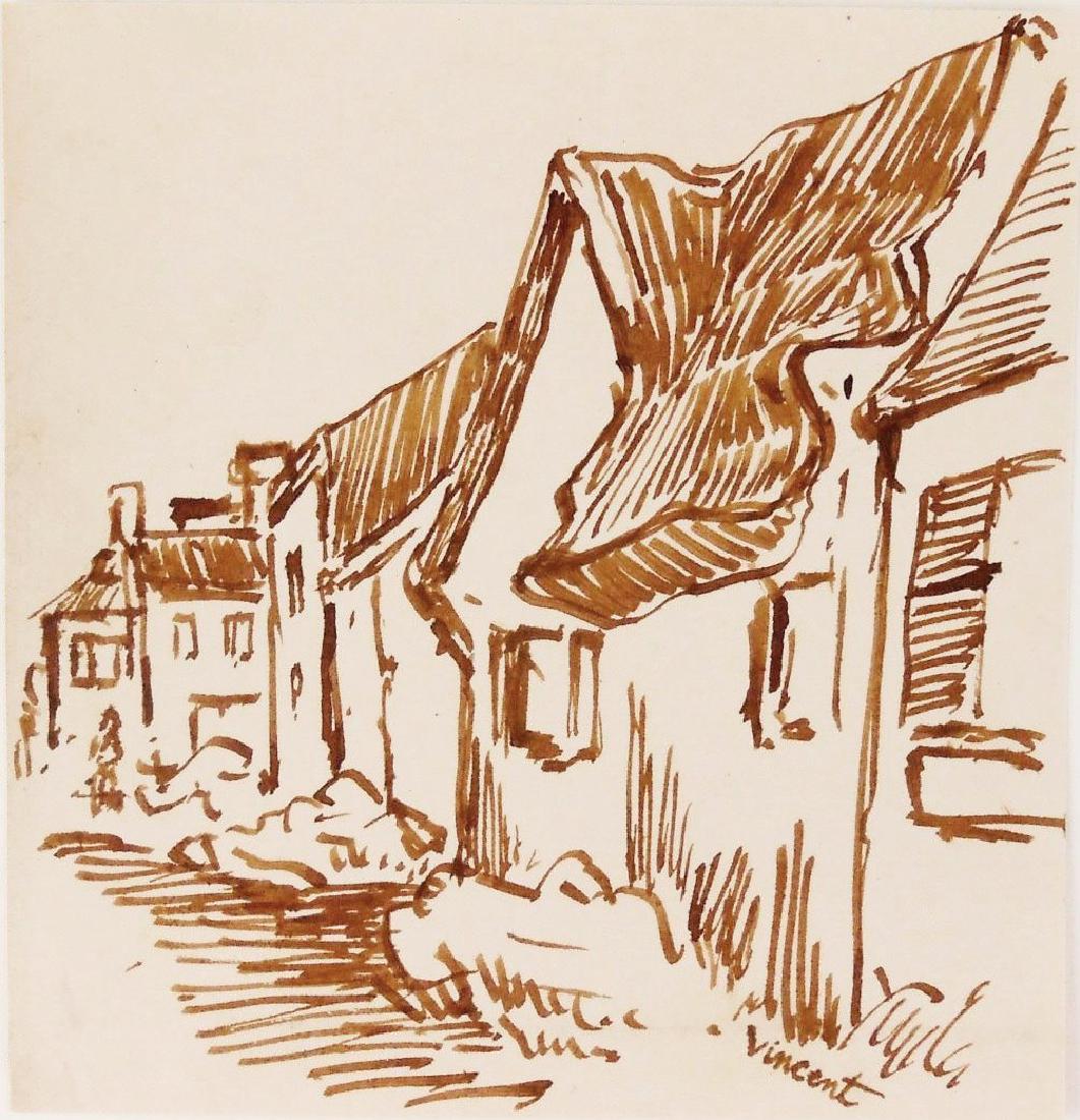 Vincent Van Gogh (1853-1890) Pen & Ink: Pen and brown ink on fine laid paper (possibly BFK Rives), row of village houses, signed (Vincent van Gogh*, 1853-1890). 5 3/8 x 5 1/4 inches. Good condition. Unframed for inspection and post-auction