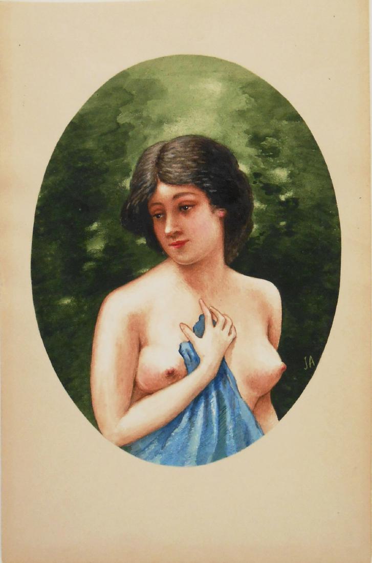 19th Century Italian Watercolor: Fine watercolor and gouache on heavy paper laid down to mount, Italian Beauty, signed with initials (artist unidentified). Oval watercolor measures 6 1/2 x 4 7/8 inches. Very good condition. Unframed 