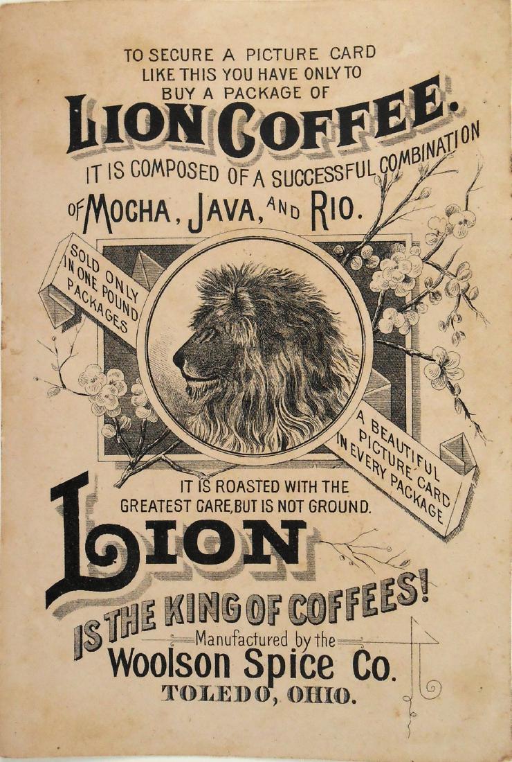 Lion Coffee Advertising Card: Lion Coffee advertising card, little girl in snowy landscape, circa 1890. 6 3/4 x 4 1/2 inches. Good condition but for a few small stains.