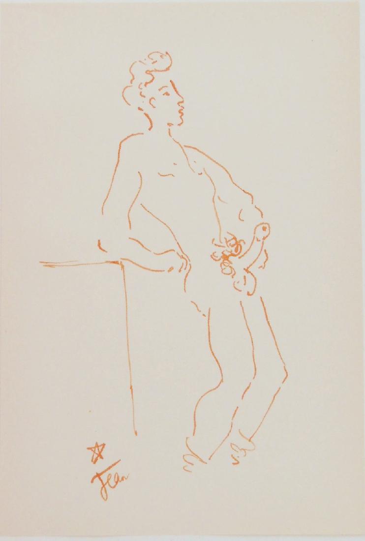 Jean Cocteau (1889-1963) Erotic Drawing: Pen and brownish-orange ink drawing on wove paper, standing male youth in an erotic pose, signed* (Jean Cocteau, 1889-1963). 9 3/4 x 6 5/8 inches. Hinge remnants to reverse from prior framing, otherwi