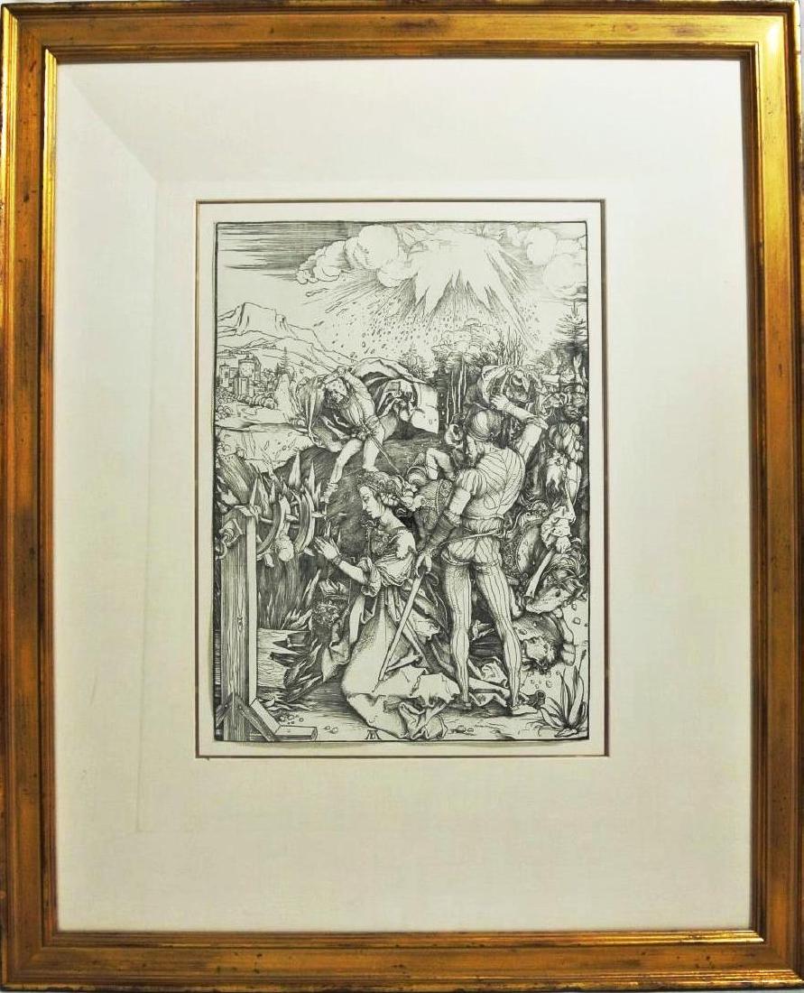 Albrecht Durer (1471-1528) Woodcut: The Martyrdom of St. Catherine by Albrecht Durer (1471-1528). Woodcut, circa 1498. Fine impression. Image size approximately 15 1/4 x 11 inches. Framed dimensions: 29 x 23 1/2 inches. Provenance: Gale