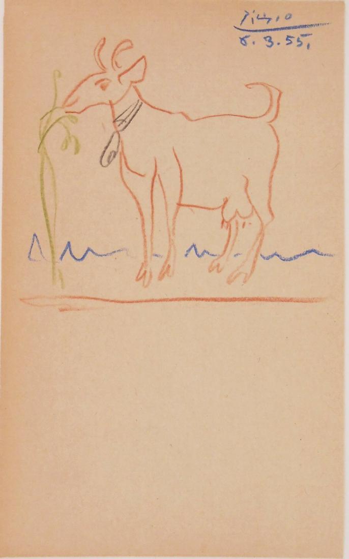 Pablo Picasso (1881-1973) Colored Pencil Sketch: Colored pencil drawing of a goat executed on laid sketchbook paper, signed* (Pablo Picasso, 1881-1973) inscribed and dated. 7 x 4 3/8 inches. Good condition, paper has some toning, mostly on the rever