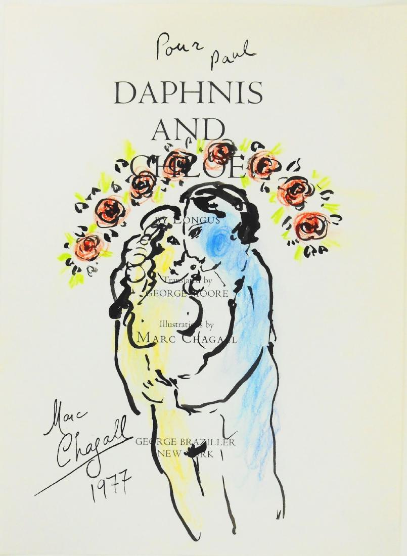 Marc Chagall (1887-1985) Ink & Chalk Drawing: Black ink and colored chalk drawing, two lovers below an arch of roses, signed* (Marc Chagall, 1887-1985) and dated 1977. Executed on a page from "Daphnis and Chloe," George Braziller, New York, 1977.