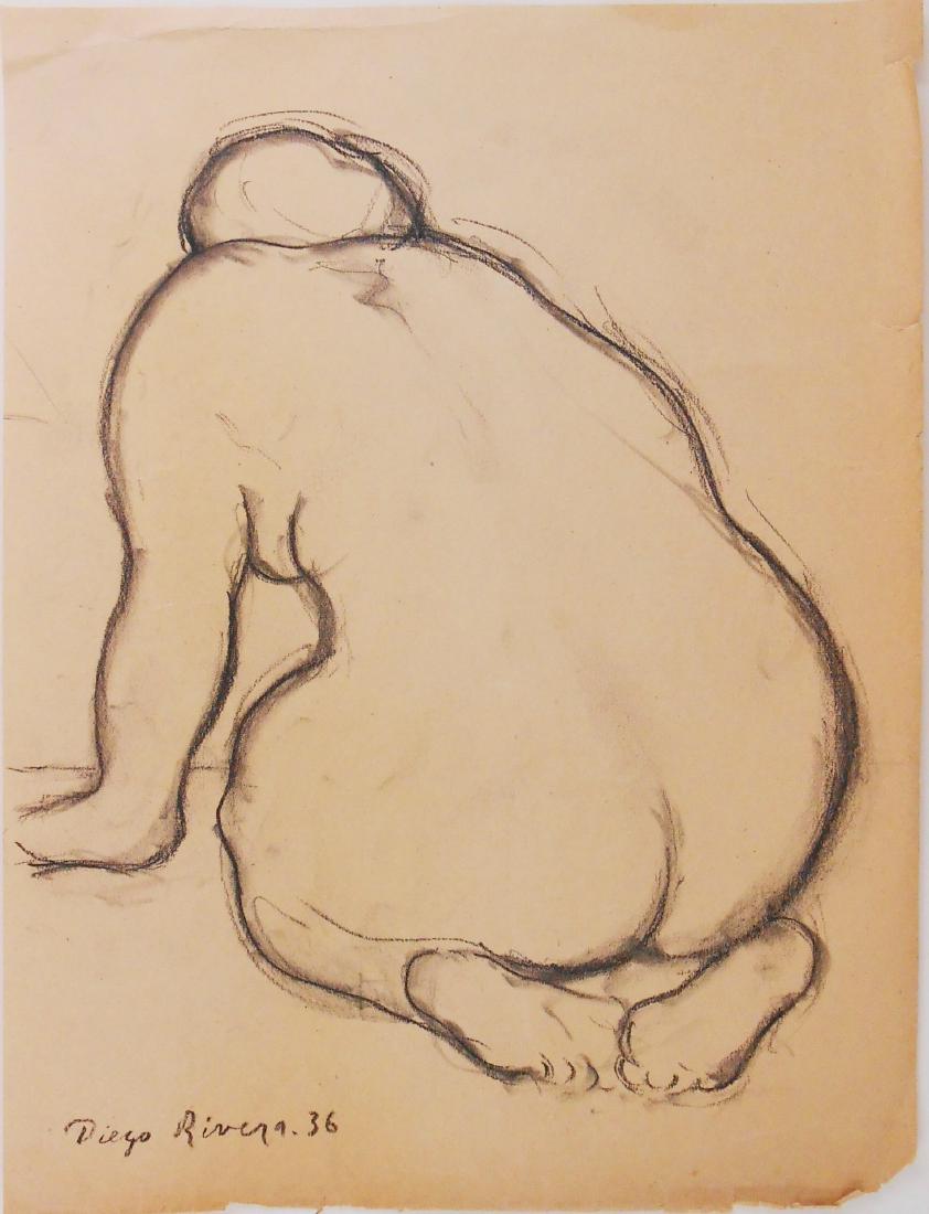 Diego Rivera (1886-1957) Charcoal Drawing: Charcoal drawing on wove paper, kneeling nude, signed* (Diego Rivera, 1886-1957). 12 x 9 inches. Very good overall condition. This lot has been removed from its frame for inspection and post-auction s