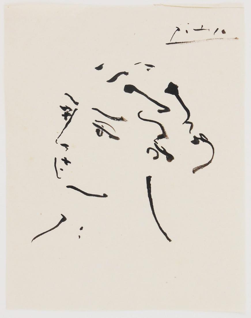 Pablo Picasso (1881-1973) Black Ink Sketch: Black ink drawing on thin wove paper, portrait of a woman, signed* (Pablo Picasso, 1881-1973). 6 x 4 5/8 inches. Very good overall condition. This lot has been removed from its frame for inspection an