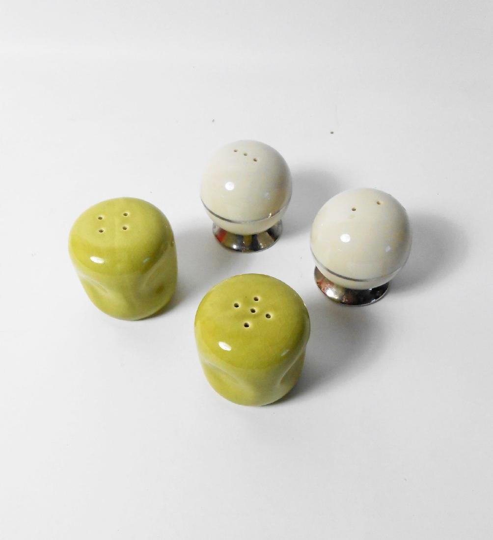 Mid-Century Ceramic Salt & Pepper Shakers: Two pair of mid-century ceramic salt and pepper shakers, including one pair by Russel Wright, American Modern, chartreuse, Steubenville. H. 2 inches (each). Very good condition.