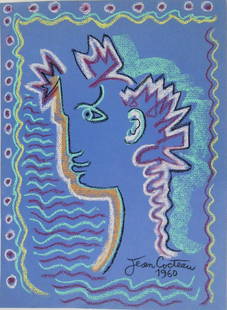 Jean Cocteau (1889-1963) Pastel: Colored chalks on blue drawing paper, Orpheus, signed* (Jean Cocteau, 1889-1963). Dated 1960. 13 3/8 x 9 3/4 inches. Very good condition, the blue paper having a few very small areas of light fading