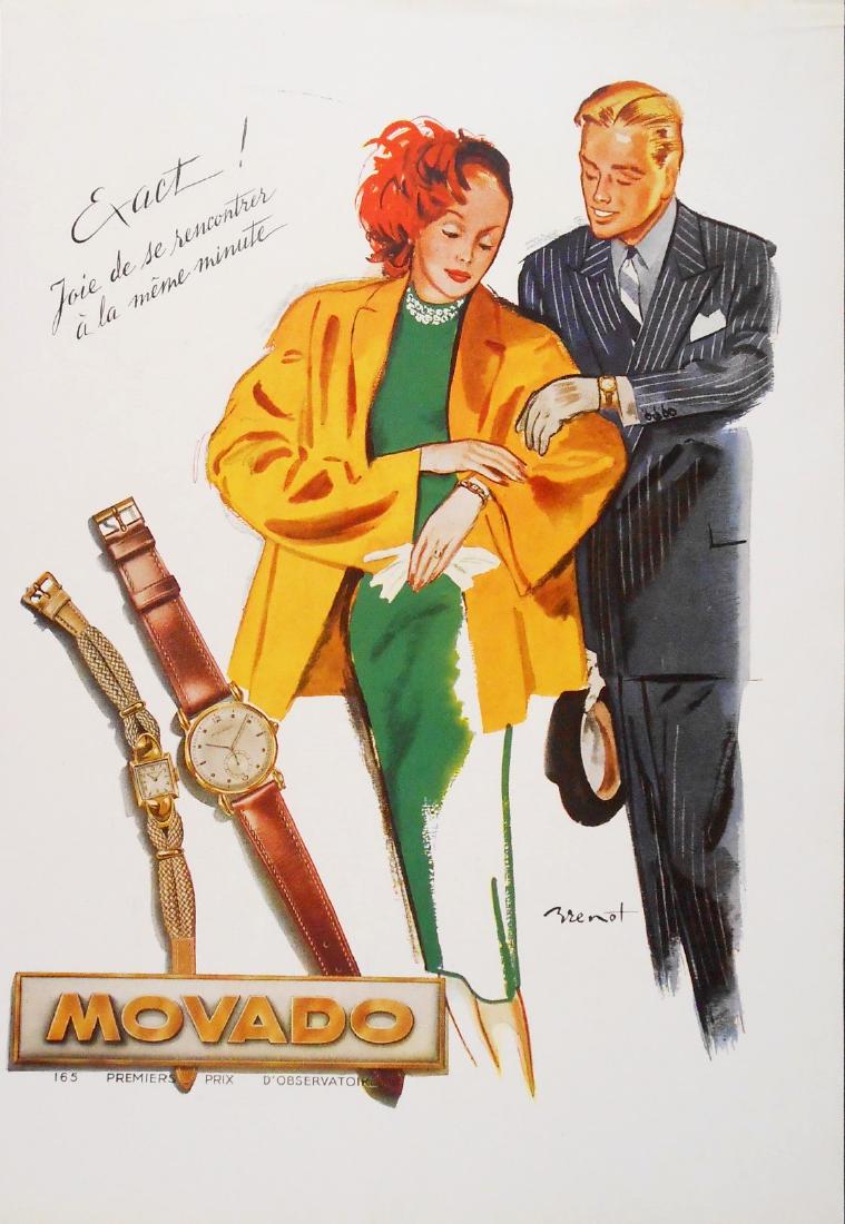 Original French Advertisement Circa1945-50: Full color vintage advertisement for Movado, French, circa late 1940's. 14 7/8 x 10 1/4 inches. Excellent condition. Unframed.