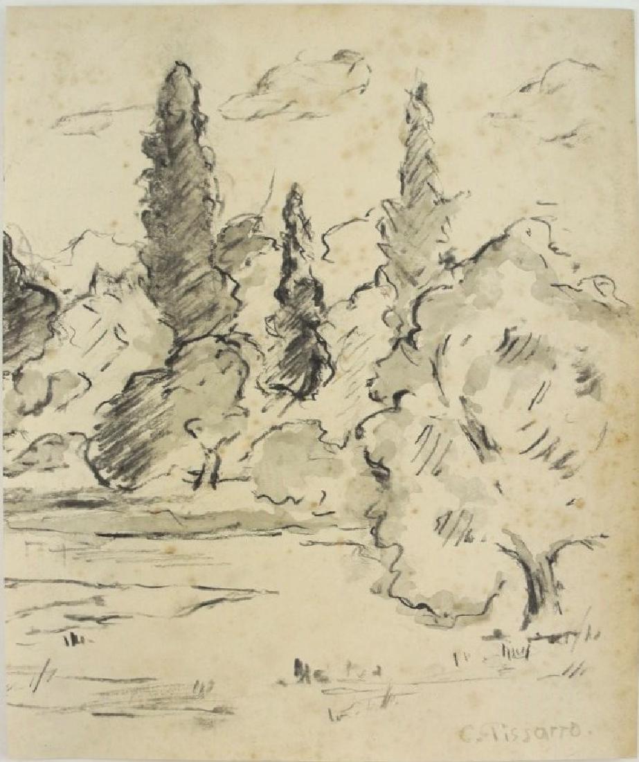 Camille Pissarro (1830-1903) Charcoal & Wash: Charcoal drawing with grey wash on wove paper, landscape with trees, signed* (Camille Pissarro, 1830-1903). 9 1/8 x 7 5/8 inches. Some foxing present throughout, no apparent tears or damage. Removed f
