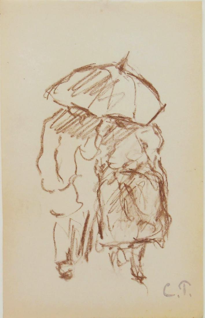Camille Pissarro (1830-1903) Brown Chalk Drawing: Brown chalk drawing, possibly from a sketchbook, couple with an umbrella, stamped* with the artist's initials (Camille Pissarro, 1830-1903). 8 1/4 x 5 1/4 inches. Very good condition. Unframed for ins