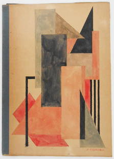 Liubov Popova (1889-1924) Soviet Watercolor: Watercolor and pencil on wove paper laid to board, constructivist design, signed* (Liubov Sergeevna Popova, 1889-1924). 10 1/2 x 7 inches. Very good condition; some small areas of light color fading.