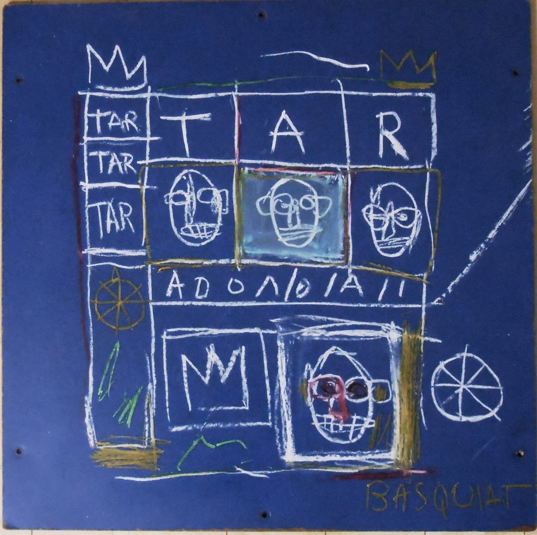 Jean-Michel Basquiat (1960-1988) Painted Panel: Jean-Michel Basquiat (1960-1988) oil stick drawing on painted blue panel. Signed*. Approximate size, 20 x 20 inches. Very good condition. Provenance: William Gatewood, San Francisco, possibly acquired