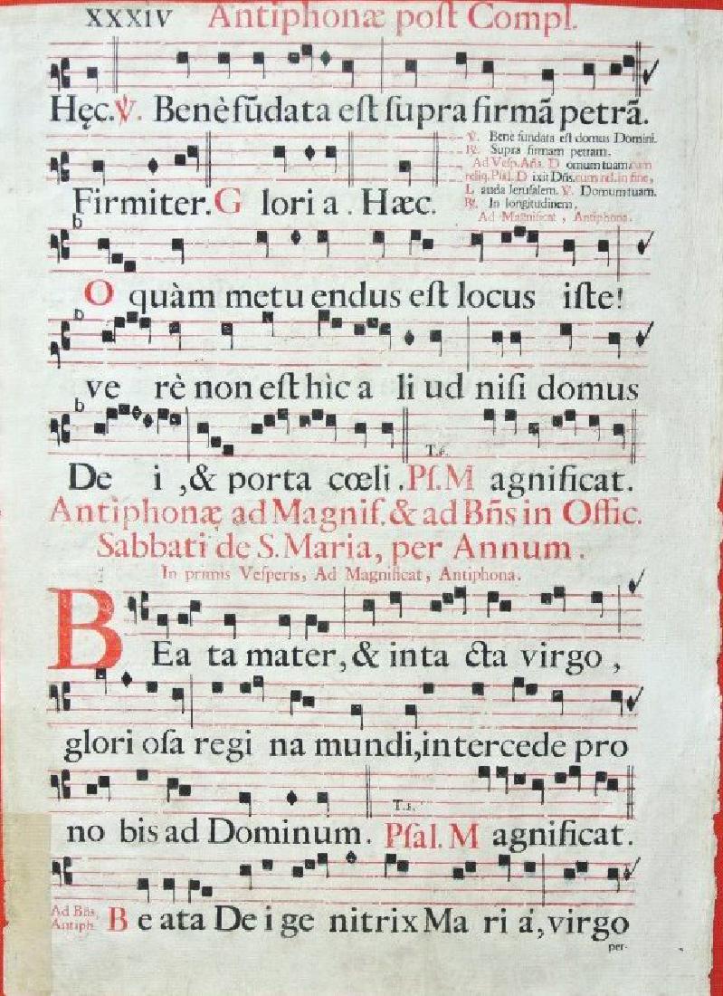 Early Music Manuscript Page: Early printed music manuscript page on laid paper, probably circa 17th or 18th century. 17 x 12 1/2 inches. Good condition. Unframed. THIS LOT IS BEING OFFERED WITH NO RESERVE