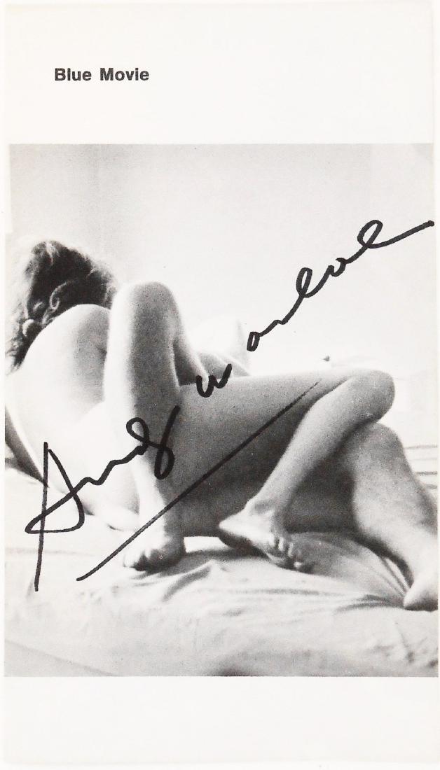 Andy Warhol (1928-1987) Autographed Book Page: Black & white photograph page removed from Andy Warhol's "Blue Movie," published by Grove Press, New York, 1970. Signed* (Andy Warhol, 1928-1987). 7 x 4 inches. Excellent condition. Has never been fra