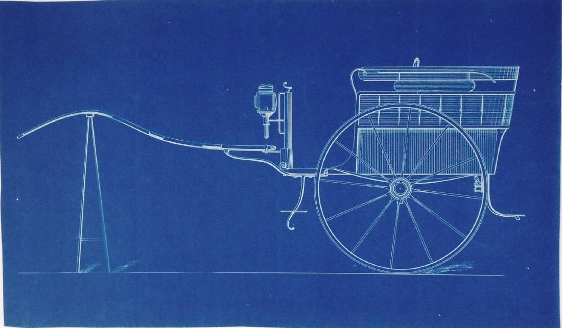 19th Century Blueprint, Carriage Design: Scarce late 19th century blueprint with white ink, technical drawing for a carriage design, circa 1880. Very good condition. Unframed. THIS LOT IS BEING OFFERED WITH NO RESERVE