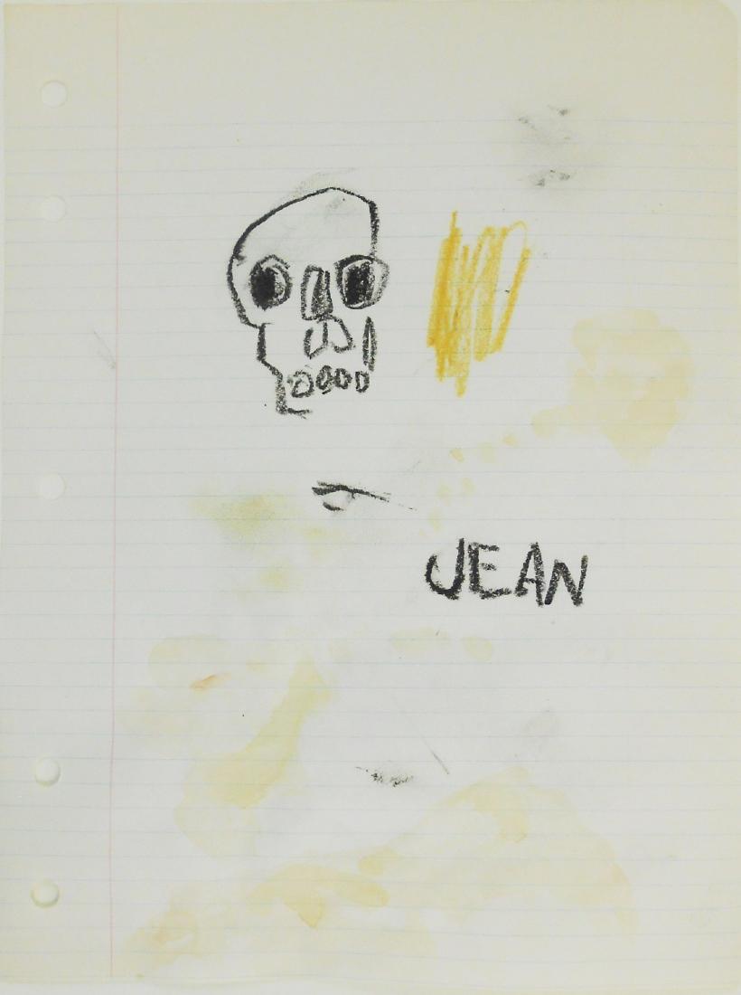 Jean-Michel Basquiat (1960-1988) Oil Stick Sketch: Oil stick drawing on ruled notebook paper, untitled (human skull), signed* (Jean-Michel Basquiat, 1960-1988). 10 3/8 x 7 7/8 inches. The paper has various blemishes and stains, apparently contemporary