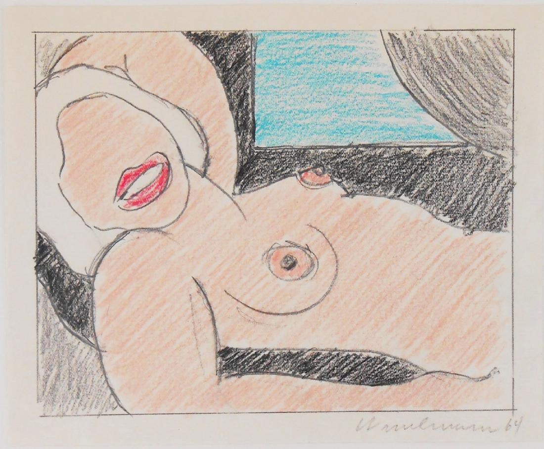 Tom Wesselmann (1931-2004) Colored Pencil Sketch: Pencil and colored pencil drawing, nude study, signed (Tom Wesselmann*, 1931-2004). 5 1/2 x 6 3/4 inches. Very good condition. This lot has been removed from its frame for inspection and shipping.Prov