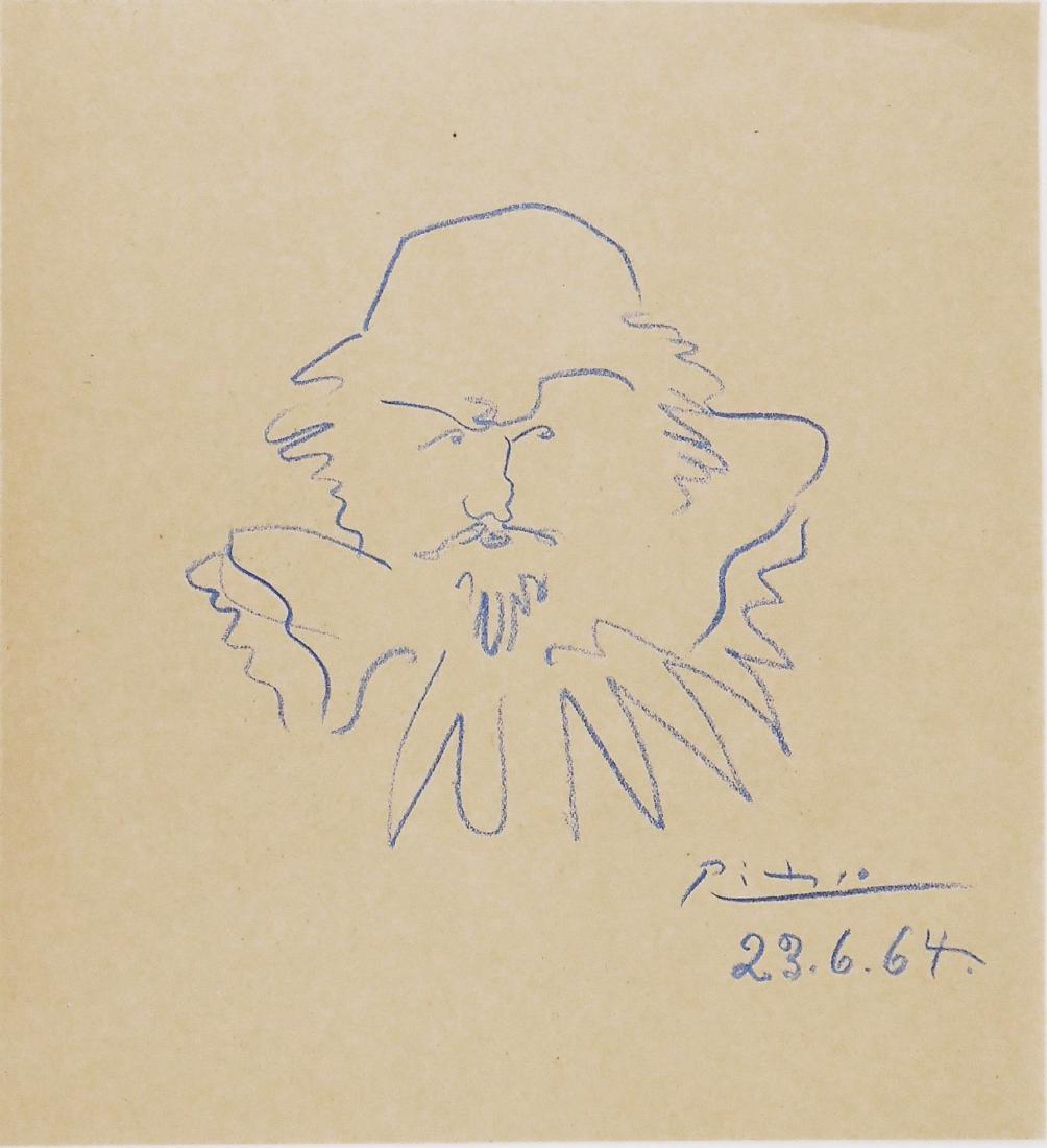 Pablo Picasso (1881-1973) Colored Pencil Sketch: Blue colored pencil drawing on heavy buff-colored wove paper, portrait of a man, signed* (Pablo Picasso, 1881-1973) and dated 23.6.64, lower right. 8 1/8 x 7 1/2 inches. Very good overall condition. T