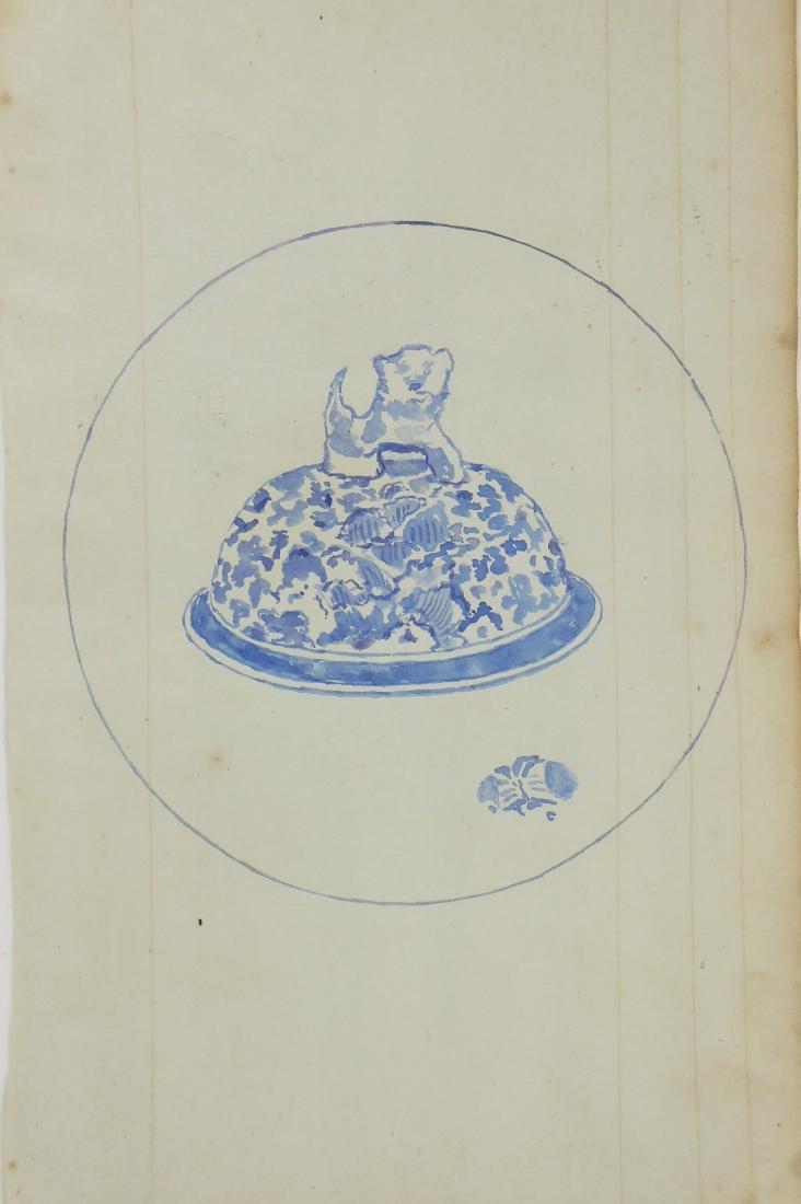 James Whistler (1834-1903) Watercolor: Watercolor on ledger paper, Chinese ceramic lid (study), attributed* to James Abbott McNeill Whistler (1834-1903). Signed with the artist's butterfly monogram. Circa 1870. 12 5/8 x 7 1/2 inches. Very 