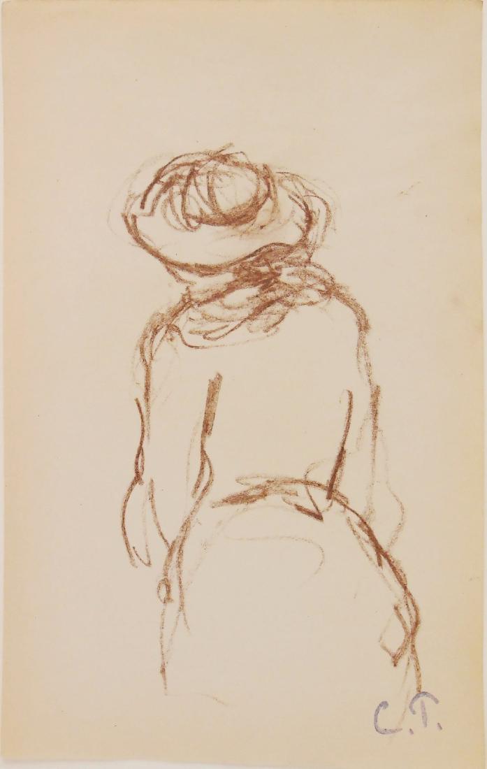 Camille Pissarro (1830-1903) Brown Chalk Drawing: Brown chalk drawing, possibly from a sketchbook, woman with hat, stamped* with the artist's initials (Camille Pissarro, 1830-1903). 8 1/4 x 5 1/4 inches. Very good condition. Unframed for inspection a