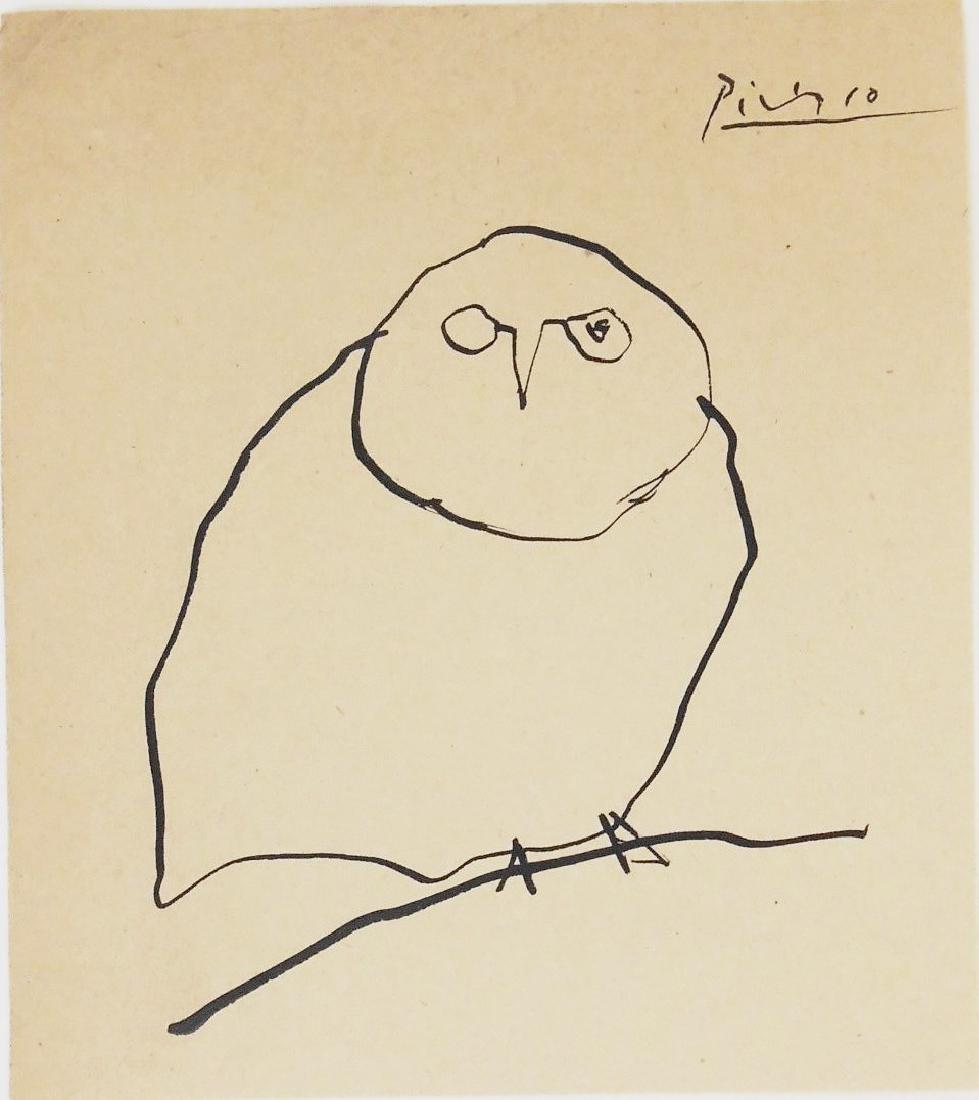 Pablo Picasso (1881-1973) Ink Sketch On Paper: Black ink sketch on tan wove paper, perched bird (possibly an owl), signed* (Pablo Picasso, 1881-1973). 6 1/2 x 5 3/4 inches. Very good condition, having no apparent repairs or damage. Unframed for in