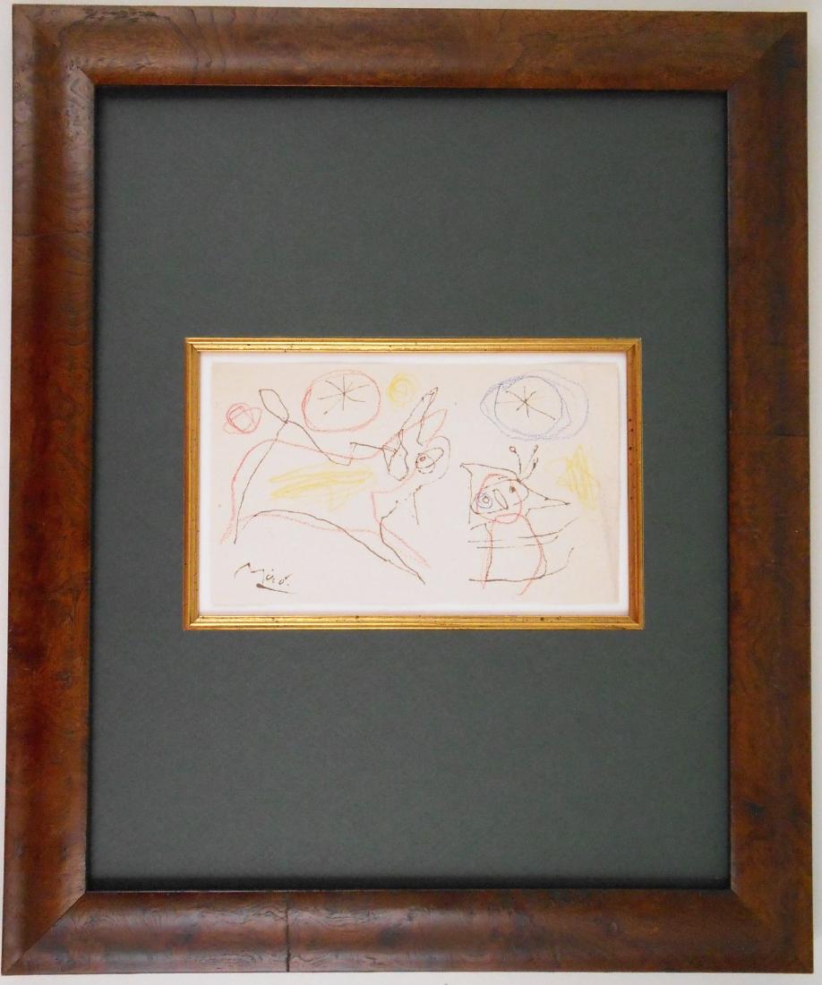 Joan Miro (1893-1983) Pen & Ink & Colored Pencil: Brown ink and colored pencil drawing on handmade paper, abstract figures, signed* (Joan Miro, 1893-1983). 4 1/2 x 7 5/8 inches. Very good condition. Was removed from frame for inspection but has been 