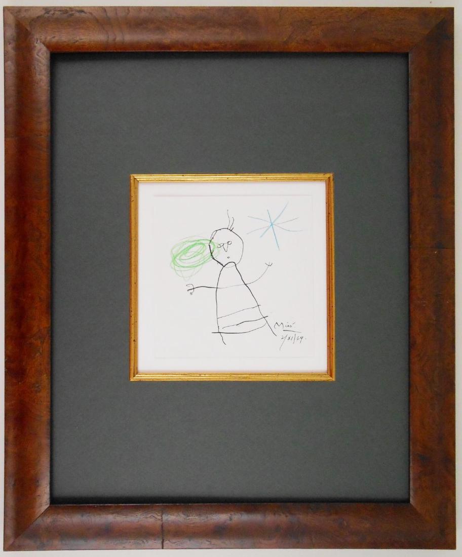 Joan Miro (1893-1983) Black Ink & Colored Pencil: Black ink and colored pencil drawing on wove paper, abstract figure, signed* (Joan Miro, 1893-1983) and dated '64. 5 1/4 x 5 1/4 inches. Very good condition. Was removed from frame for inspection but 