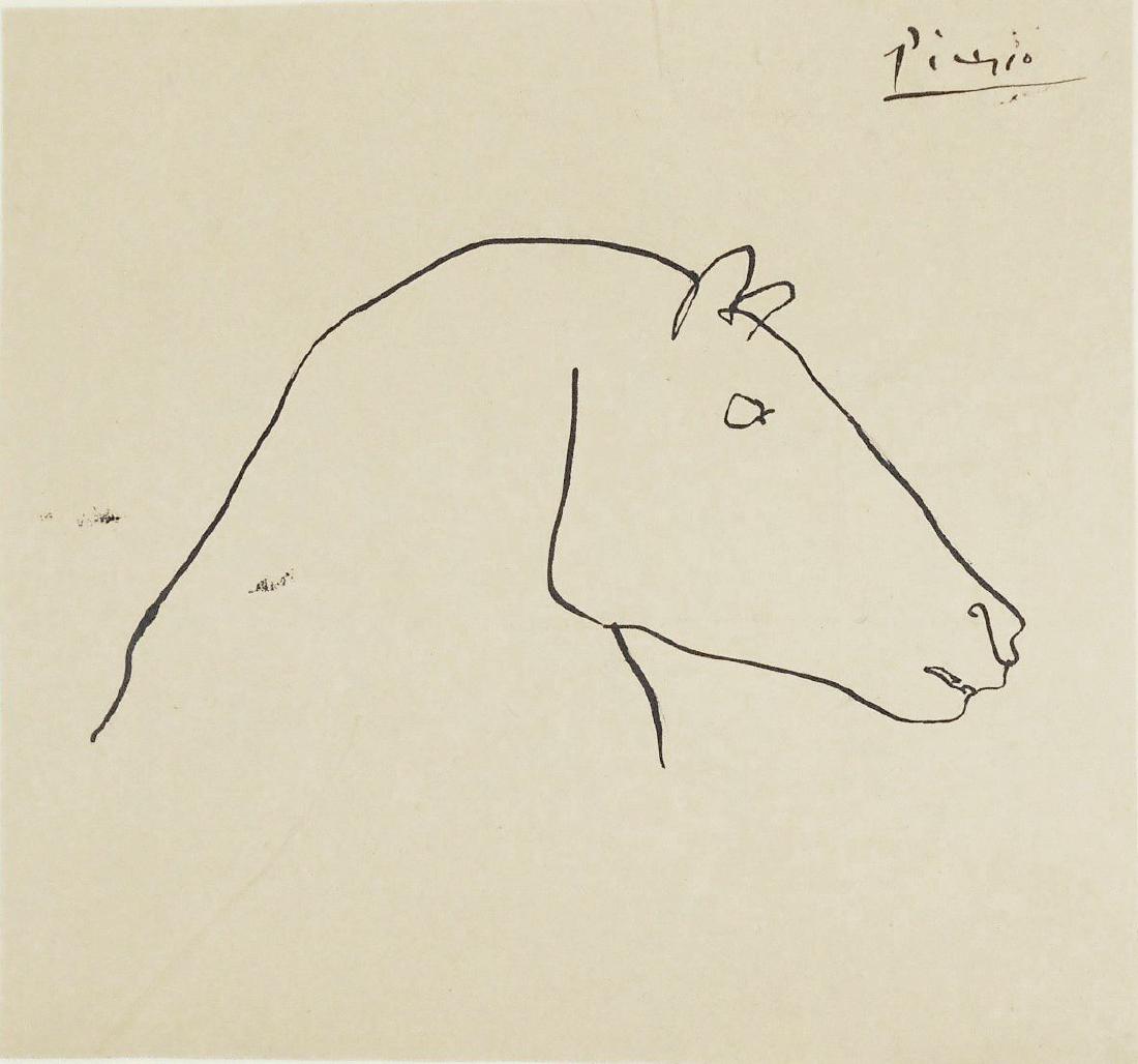 Pablo Picasso (1881-1973) Ink Drawing On Paper: Black ink drawing on tan wove paper, horse head in profile, signed* (Pablo Picasso, 1881-1973). 7 5/8 x 8 1/8 inches. Good condition overall. Unframed for inspection and shipping. Provenance: Private 