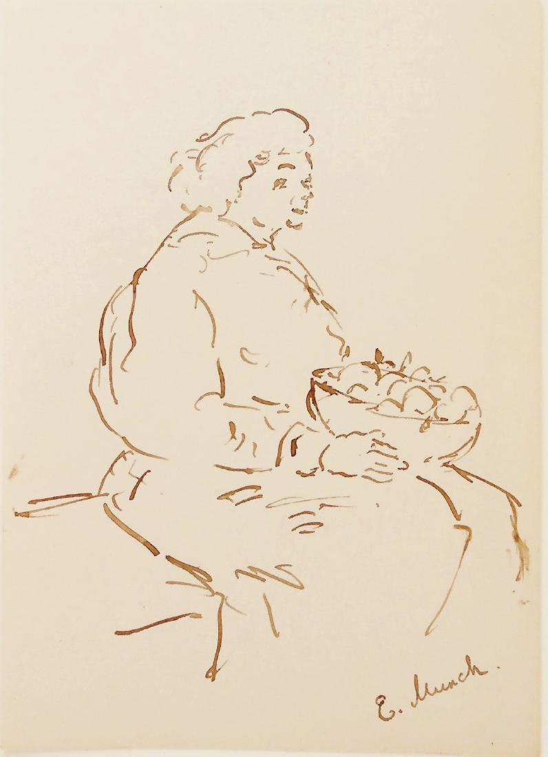 Edvard Munch (1863-1944) Pen & Ink Drawing: Brown ink drawing on heavy wove paper, seated woman holding a bowl of fruit, signed* (Edvard Munch, 1863-1944). 7 3/4 x 5 1/2 inches. Very good condition. Unframed for inspection and shipping.Provenan
