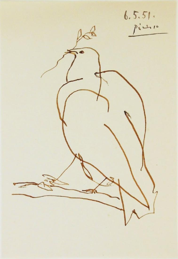 Pablo Picasso (1881-1973) Ink Sketch On Paper: Brown ink sketch on laid paper, dove perched on a branch, signed* and dated(Pablo Picasso, 1881-1973). 9 x 6 1/4 inches. Very good condition. Unframed for inspection and shipping. Provenance: Private 